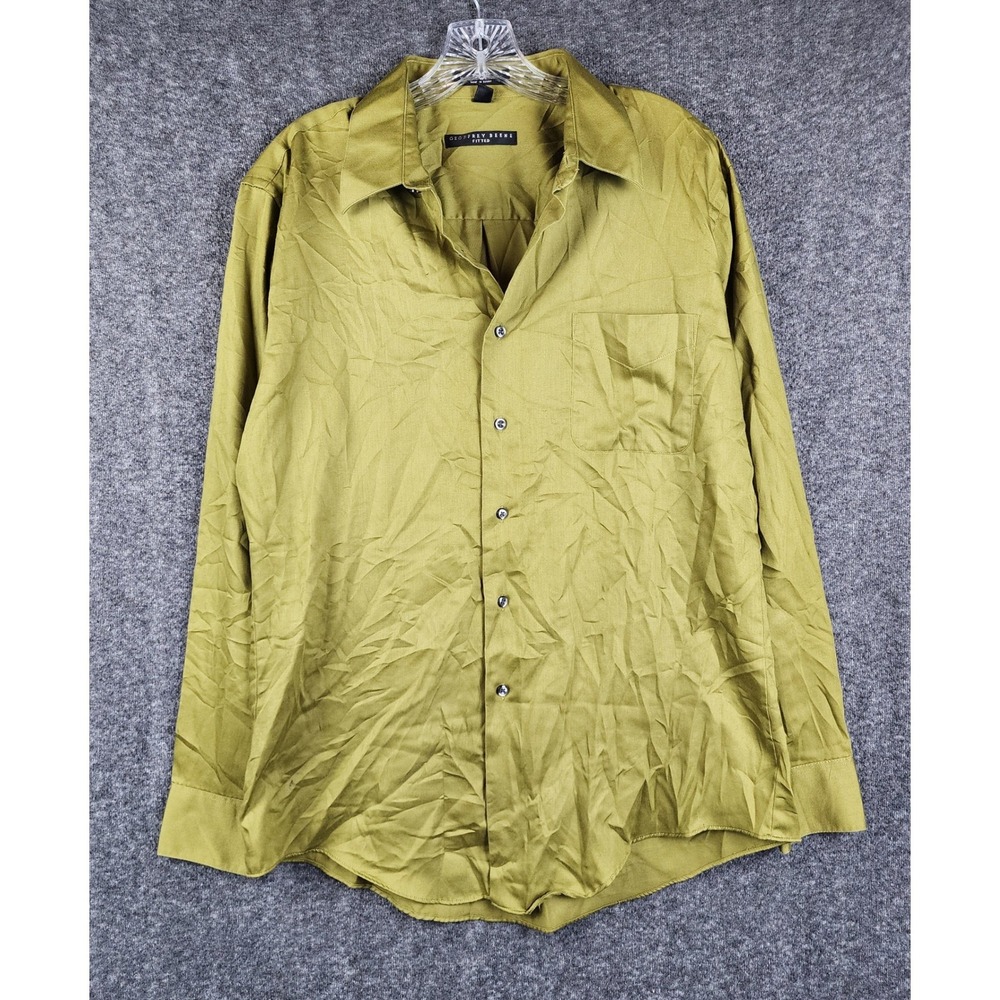 Geoffrey Beene Button Down Shirt Womens L 16.5 Olive Green Sateen Fitted Wrinkle